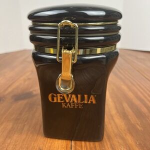 Vintage Gevalia Kaffe Royal‎ Black & Gold Ceramic Air Tight Coffee Jar Canister